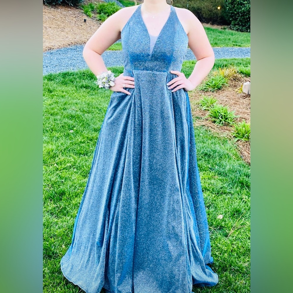 Metallic Blue Formal Evening Gown